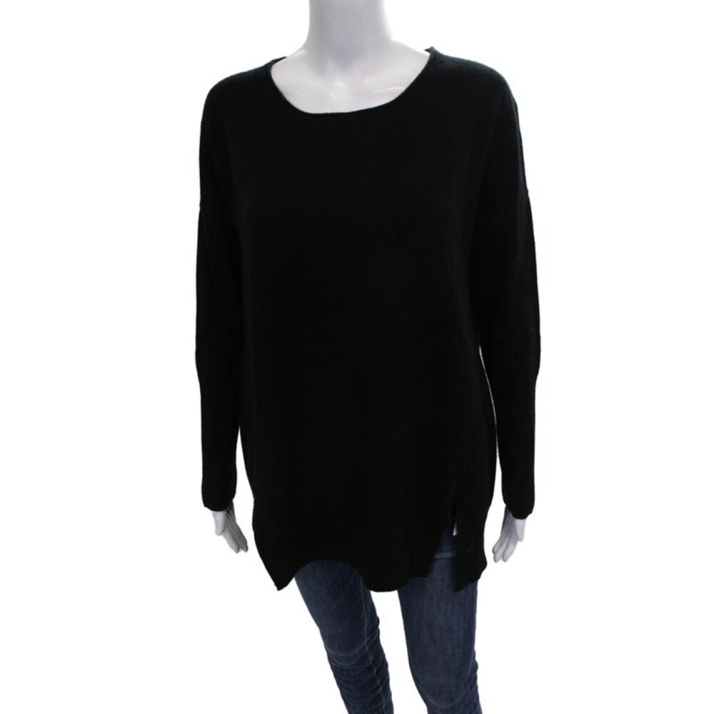 Qi Cashmere Women Pullover Sweater Black Round Neck Long Sleeve Size M